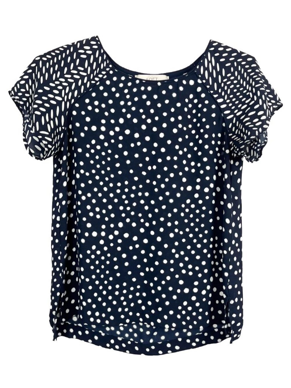LOFT Ann Taylor Womens XS Petite Navy & White Dot  Pattern Tribal T-Shirt Blouse